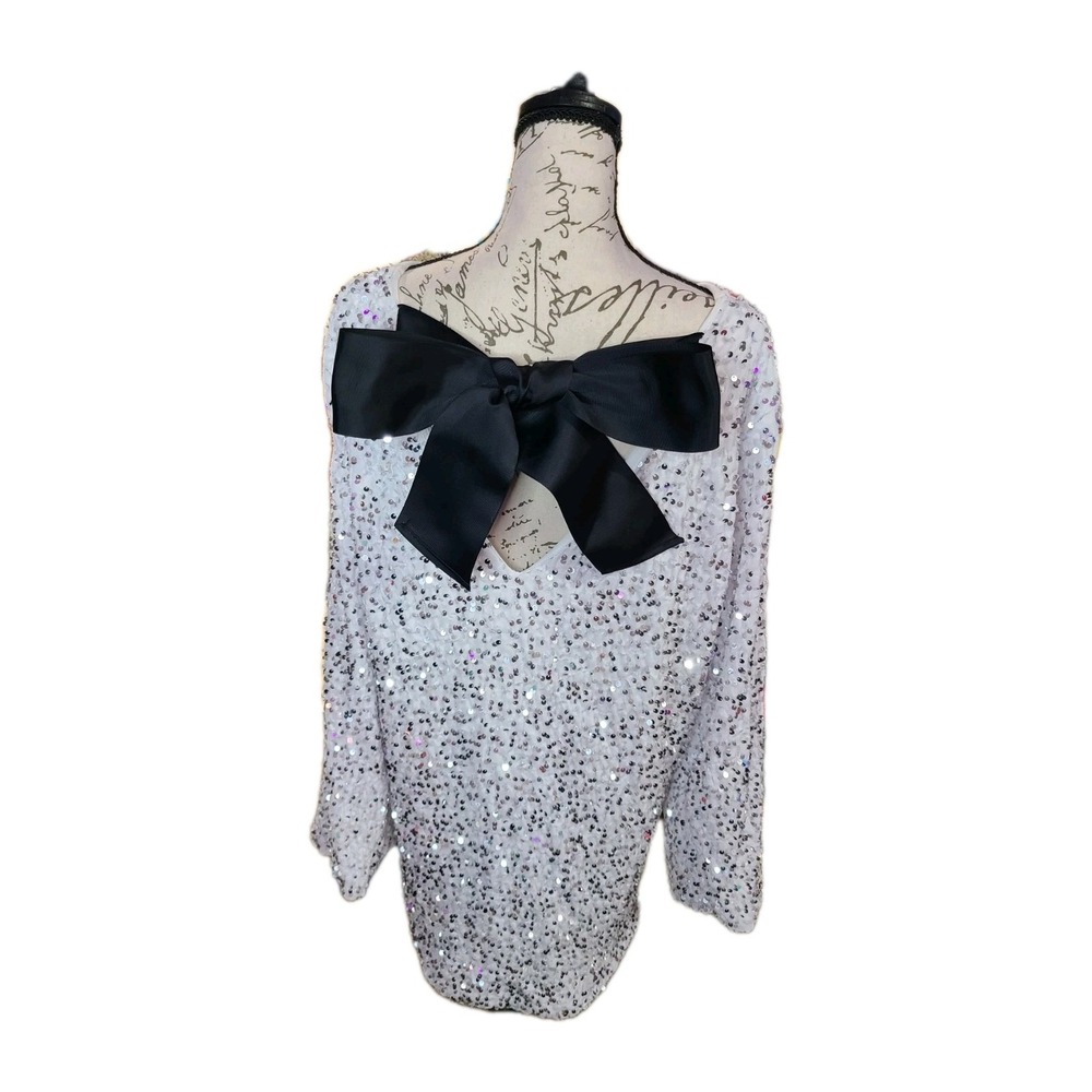 White Sequin Tunic Dress Oversized Top  Black Bow Back Glam Party‎ Handmade OS